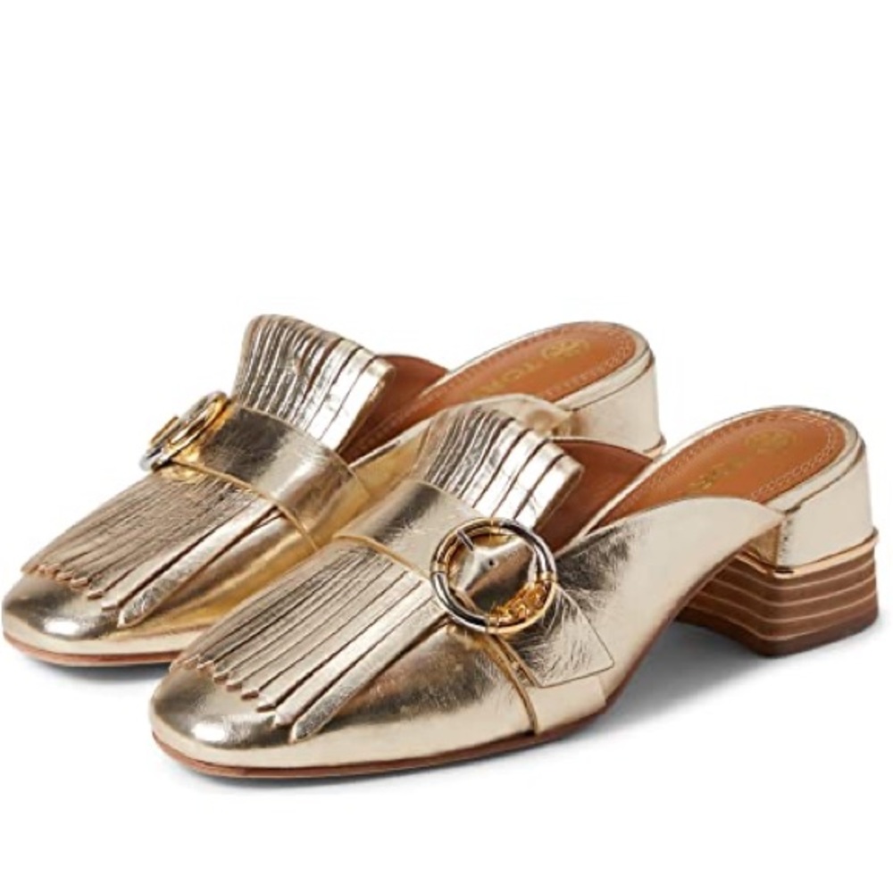 TORY BURCH
Multi Logo Kiltie Mule Gold